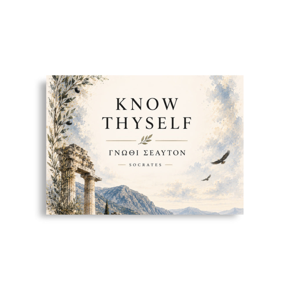 Poster featuring classical ruins and the Greek maxim “Know Thyself” in centered typography, A1 (23.3″×33.1″) size.