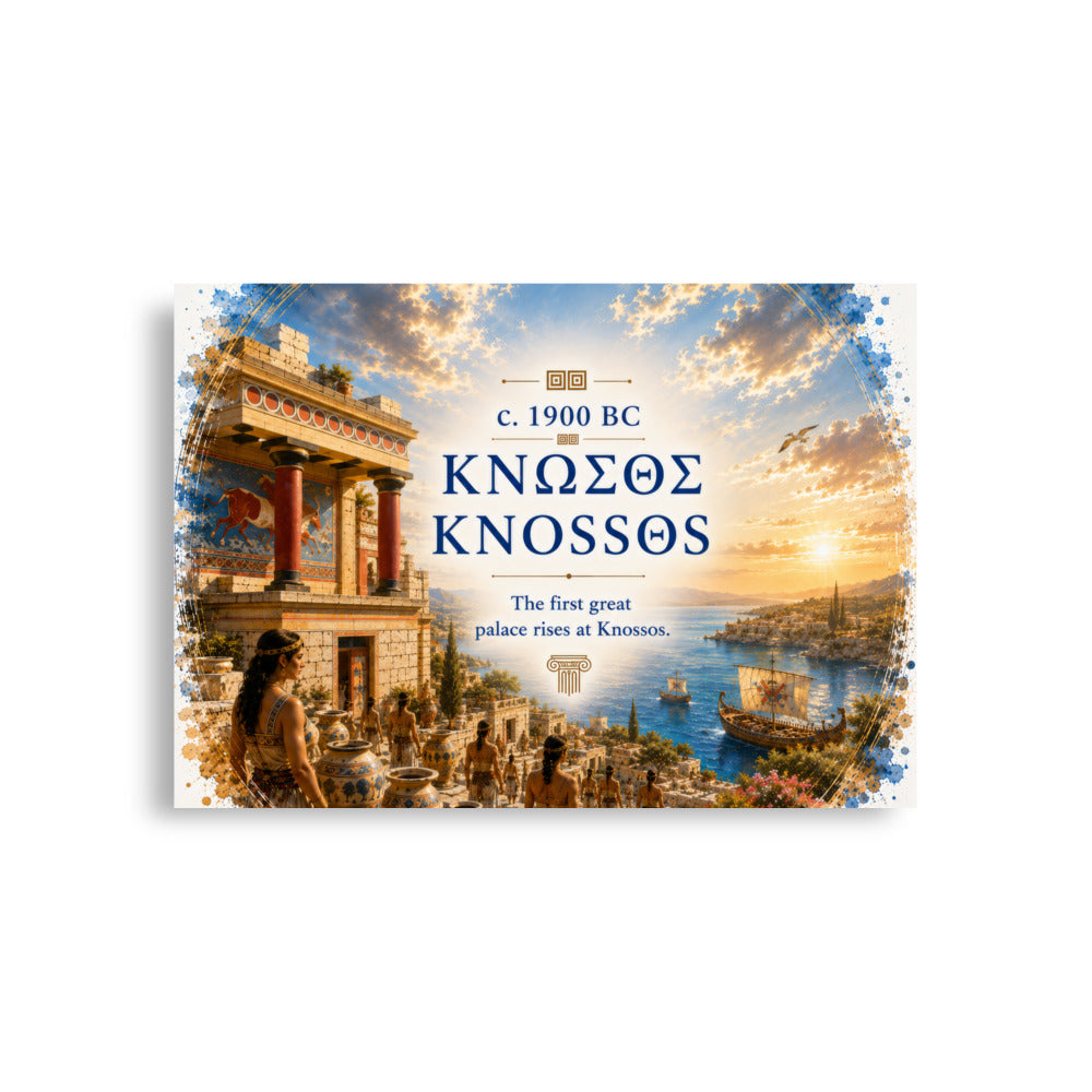 Illustrated poster interpreting ancient Knossos and Bronze Age Crete, A1 (23.3″×33.1″) size.