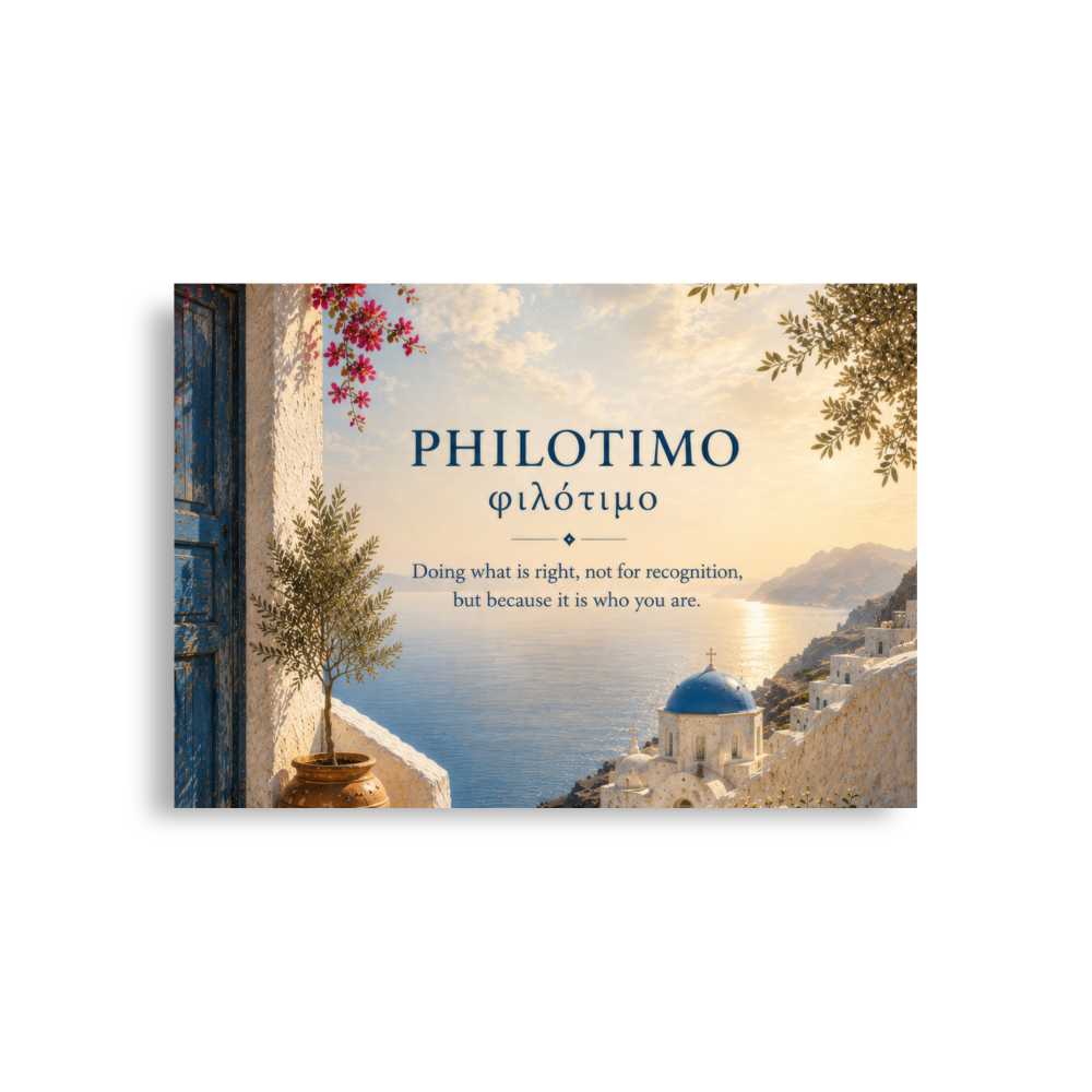 Poster featuring an artful design around the Greek concept of philotimo, A1 (23.3″×33.1″) size.