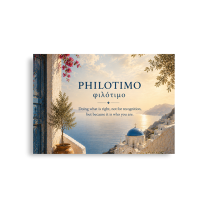 Poster featuring an artful design around the Greek concept of philotimo, A1 (23.3″×33.1″) size.