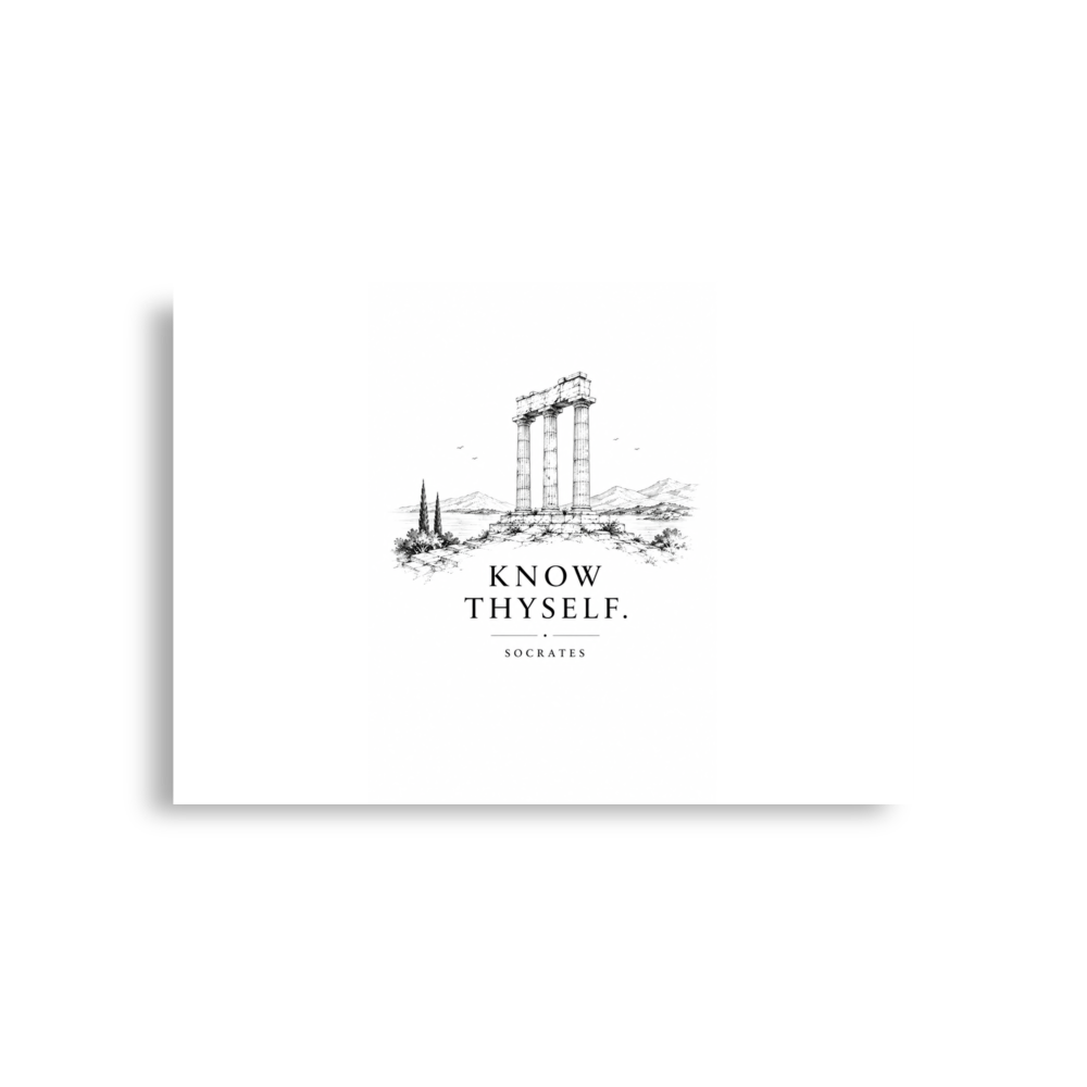 Poster featuring classical ruins and the Greek maxim “Know Thyself” in centered typography, A1 (23.3″×33.1″) size.