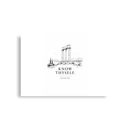 Poster featuring classical ruins and the Greek maxim “Know Thyself” in centered typography, A1 (23.3″×33.1″) size.