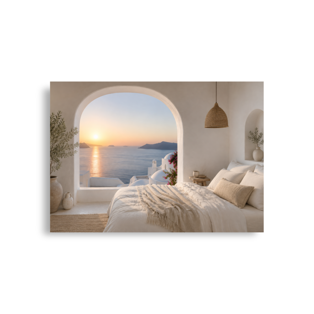Illustrated Greek-island bedroom scene with whitewashed walls and sea-blue light, A1 (23.3″×33.1″) size.