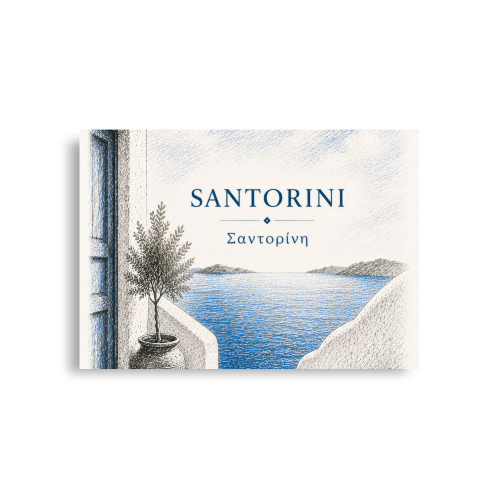 Hand-drawn sketch-style poster of Santorini's cliffside, whitewashed architecture, A1 (23.3″×33.1″) size.