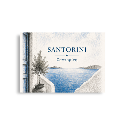 Hand-drawn sketch-style poster of Santorini's cliffside, whitewashed architecture, A1 (23.3″×33.1″) size.