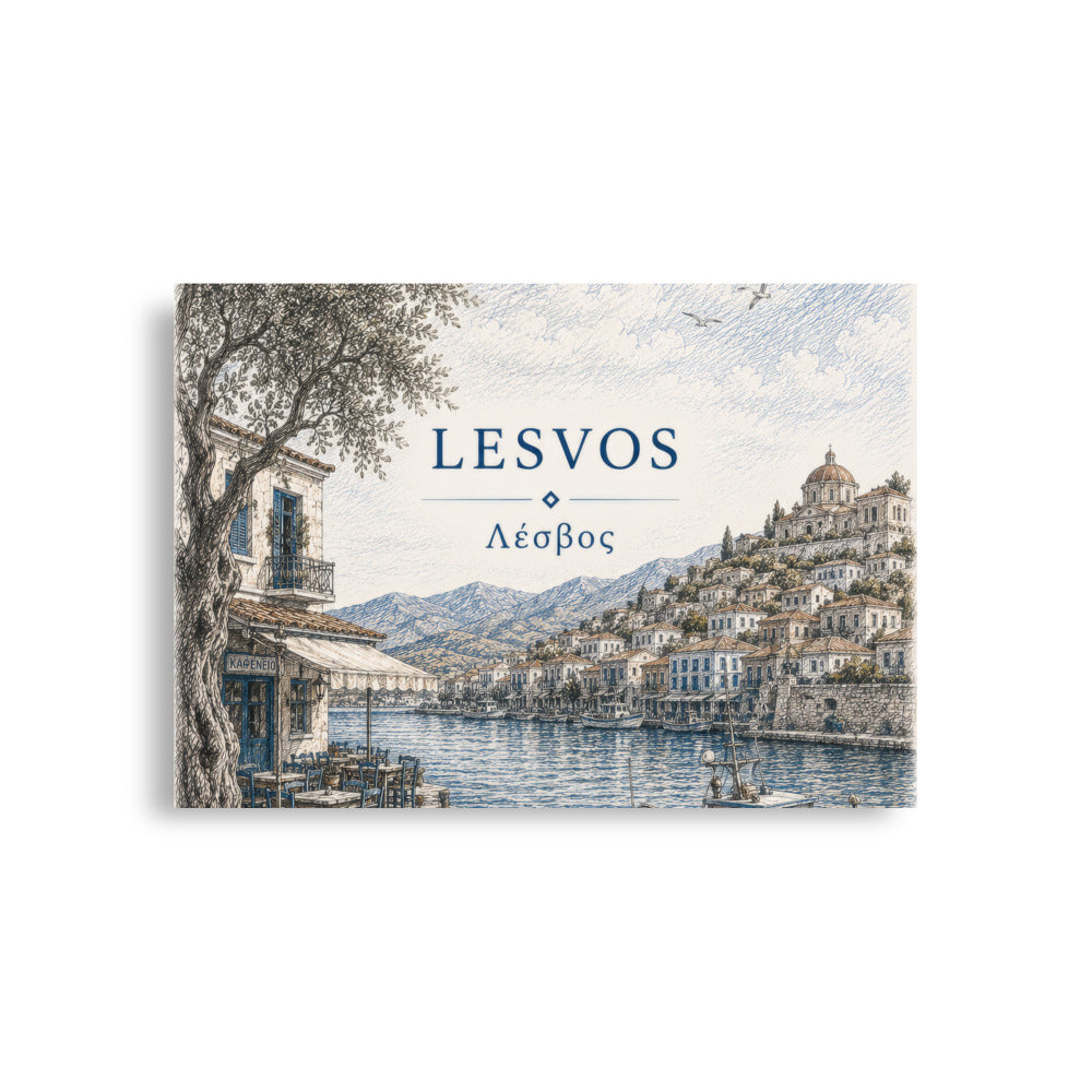 Lesvos destination poster from the Hellenic Sketch Archive collection, A1 (23.3″×33.1″) size.
