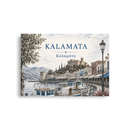 Illustrated Kalamata, Greece harbor scene with fishing boats, waterfront buildings, mountains, and an olive tree, titled “KALAMATA” and “Καλαμάτα”, A1 (23.3″×33.1″) size.