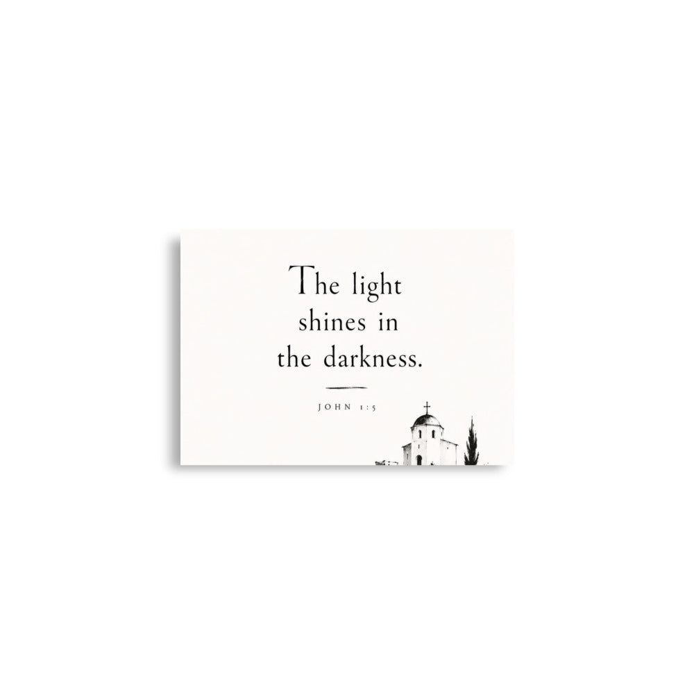 Scripture poster featuring John 1:5 and the theme of light overcoming darkness, A2 (16.5″×23.3″) size.