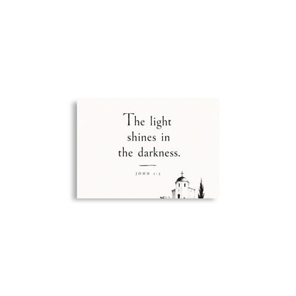 Scripture poster featuring John 1:5 and the theme of light overcoming darkness, A2 (16.5″×23.3″) size.