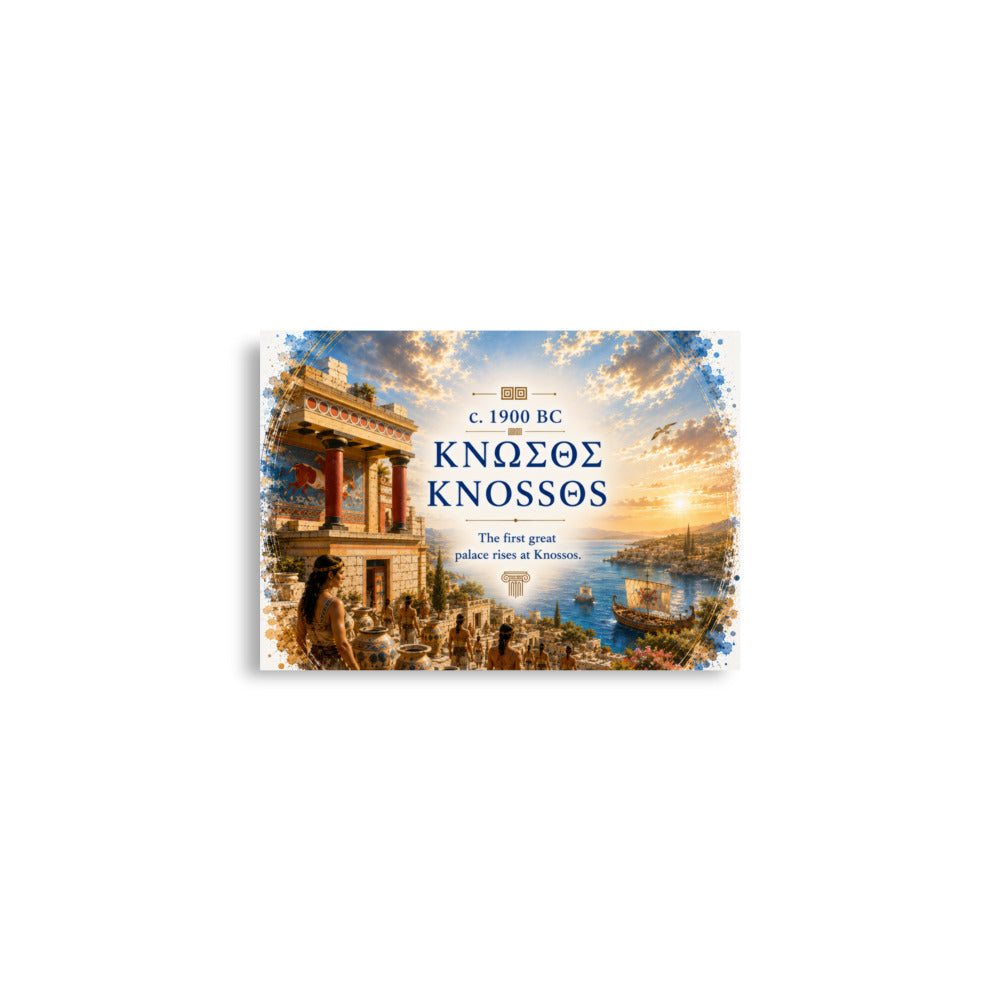 Illustrated poster interpreting ancient Knossos and Bronze Age Crete, A2 (16.5″×23.3″) size.