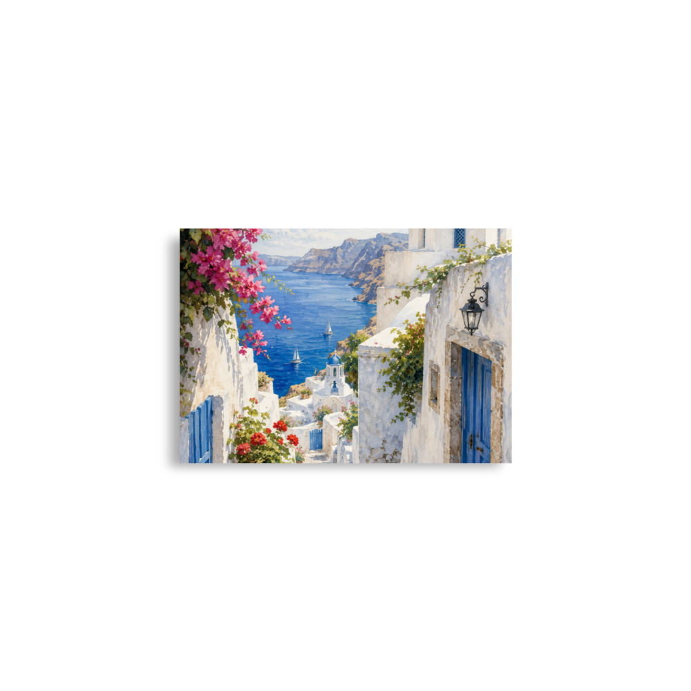Illustrated poster of a Santorini courtyard scene, A2 (16.5″×23.3″) size.