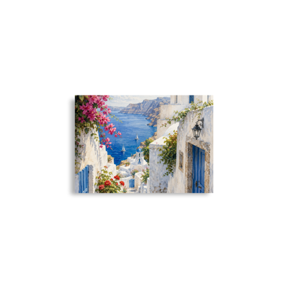Illustrated poster of a Santorini courtyard scene, A2 (16.5″×23.3″) size.