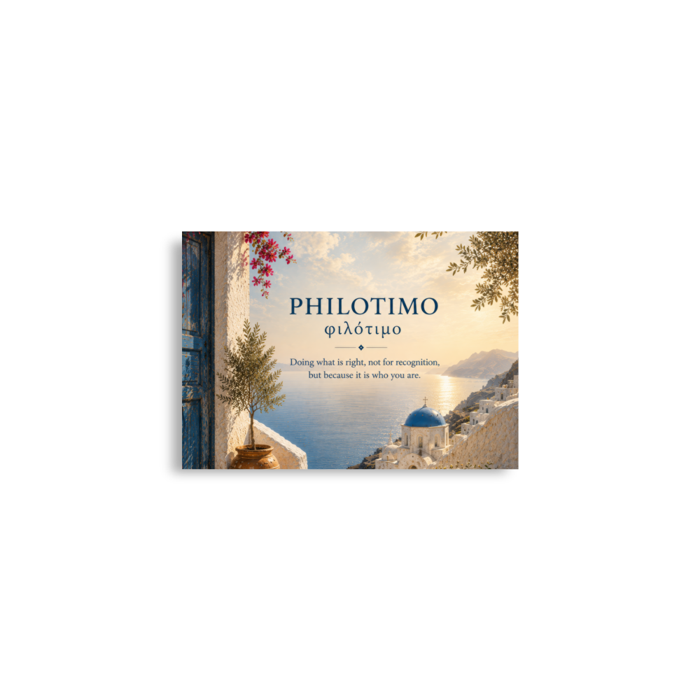 Poster featuring an artful design around the Greek concept of philotimo, A2 (16.5″×23.3″) size.