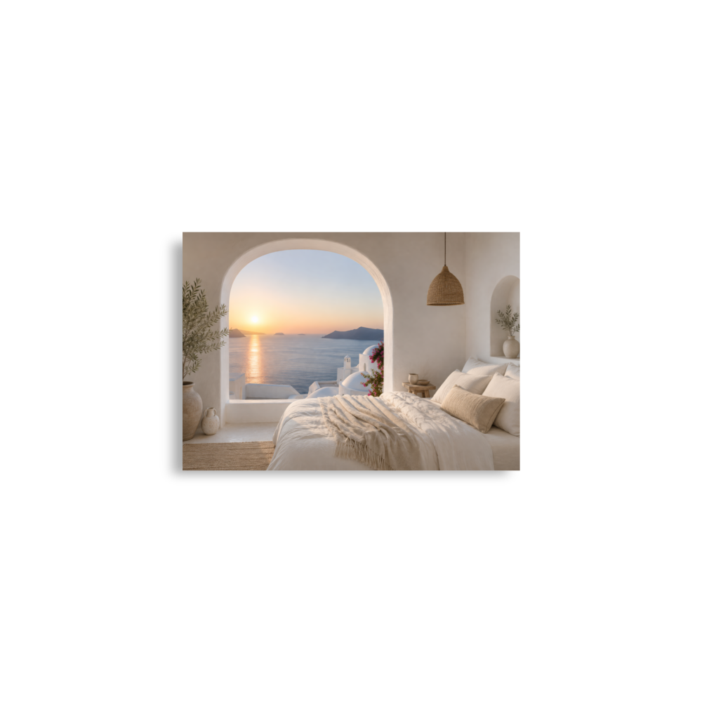 Illustrated Greek-island bedroom scene with whitewashed walls and sea-blue light, A2 (16.5″×23.3″) size.