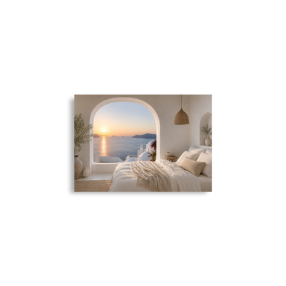 Illustrated Greek-island bedroom scene with whitewashed walls and sea-blue light, A2 (16.5″×23.3″) size.