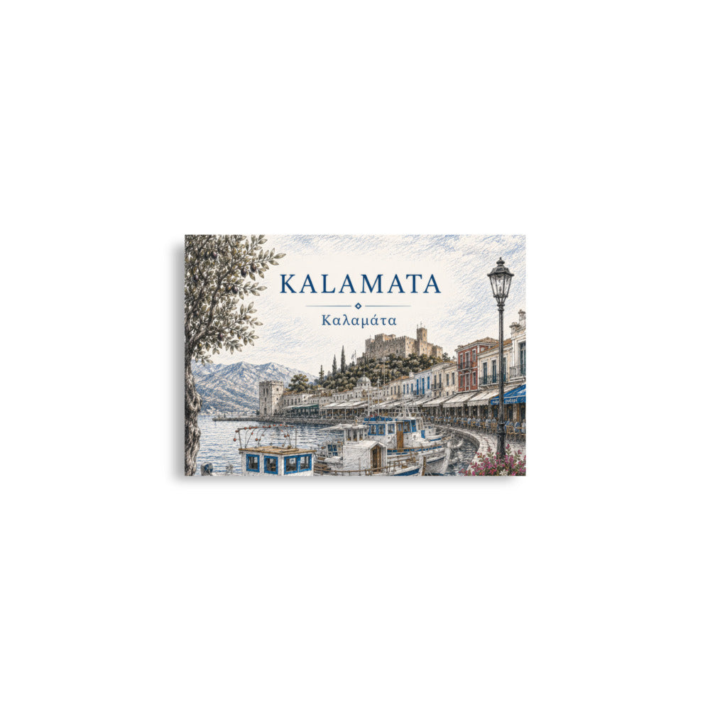 Illustrated Kalamata, Greece harbor scene with fishing boats, waterfront buildings, mountains, and an olive tree, titled “KALAMATA” and “Καλαμάτα” — additional product photo.