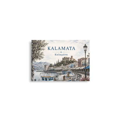 Illustrated Kalamata, Greece harbor scene with fishing boats, waterfront buildings, mountains, and an olive tree, titled “KALAMATA” and “Καλαμάτα” — additional product photo.