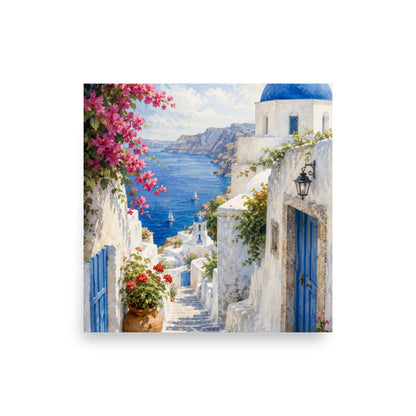 Illustrated poster of a Santorini courtyard scene.