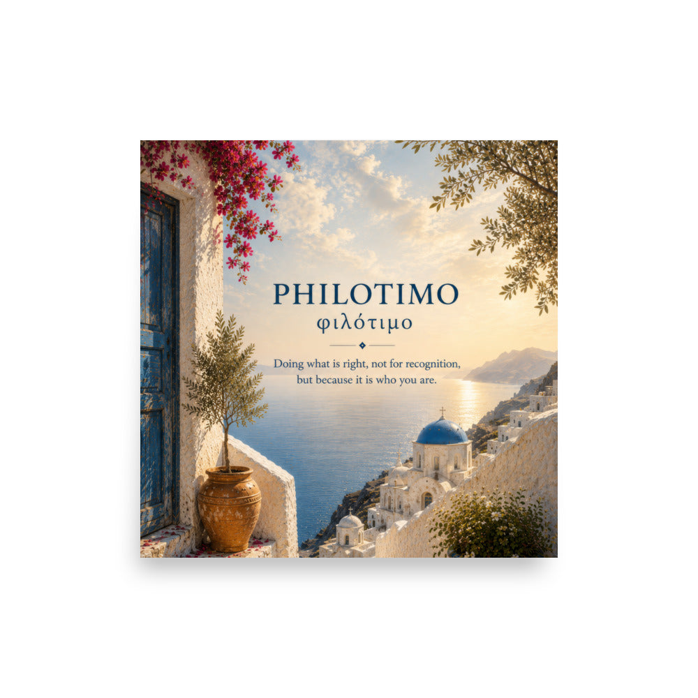 Poster featuring an artful design around the Greek concept of philotimo.