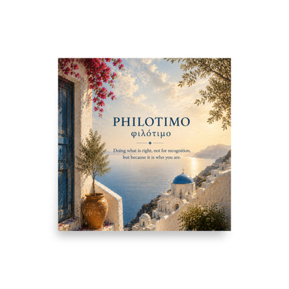 Poster featuring an artful design around the Greek concept of philotimo.