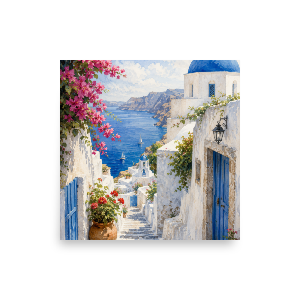 Illustrated poster of a Santorini courtyard scene — additional product photo.