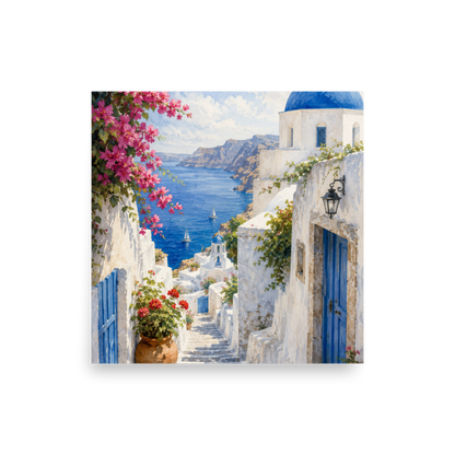 Illustrated poster of a Santorini courtyard scene — additional product photo.