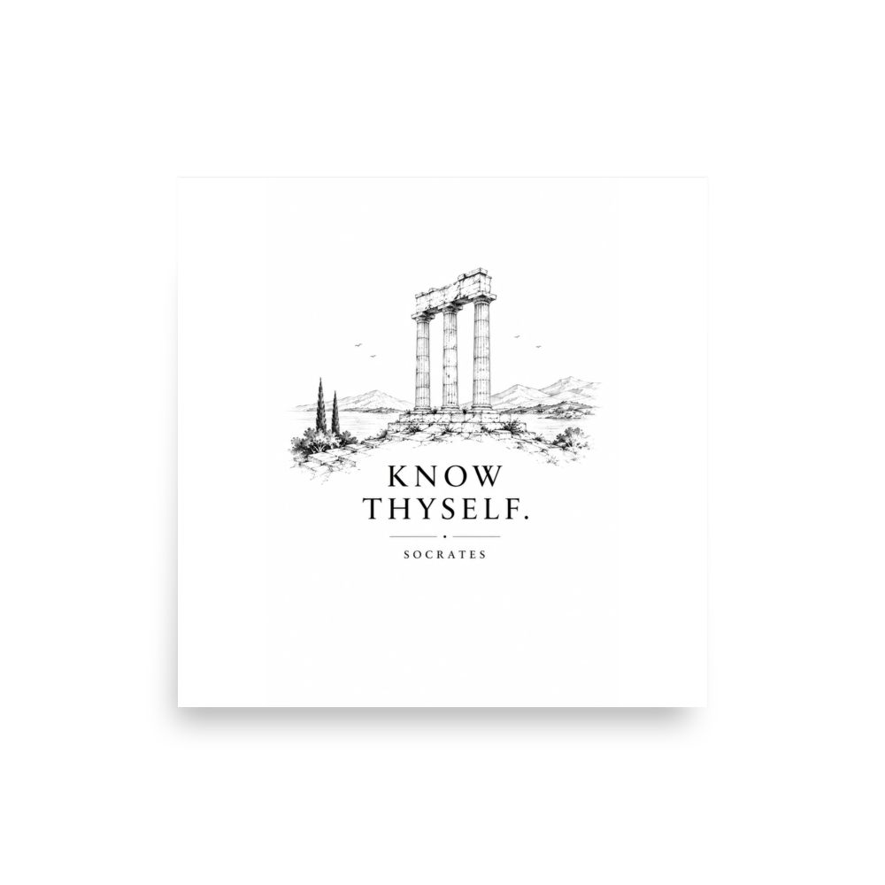 Poster featuring classical ruins and the Greek maxim “Know Thyself” in centered typography — additional product photo.
