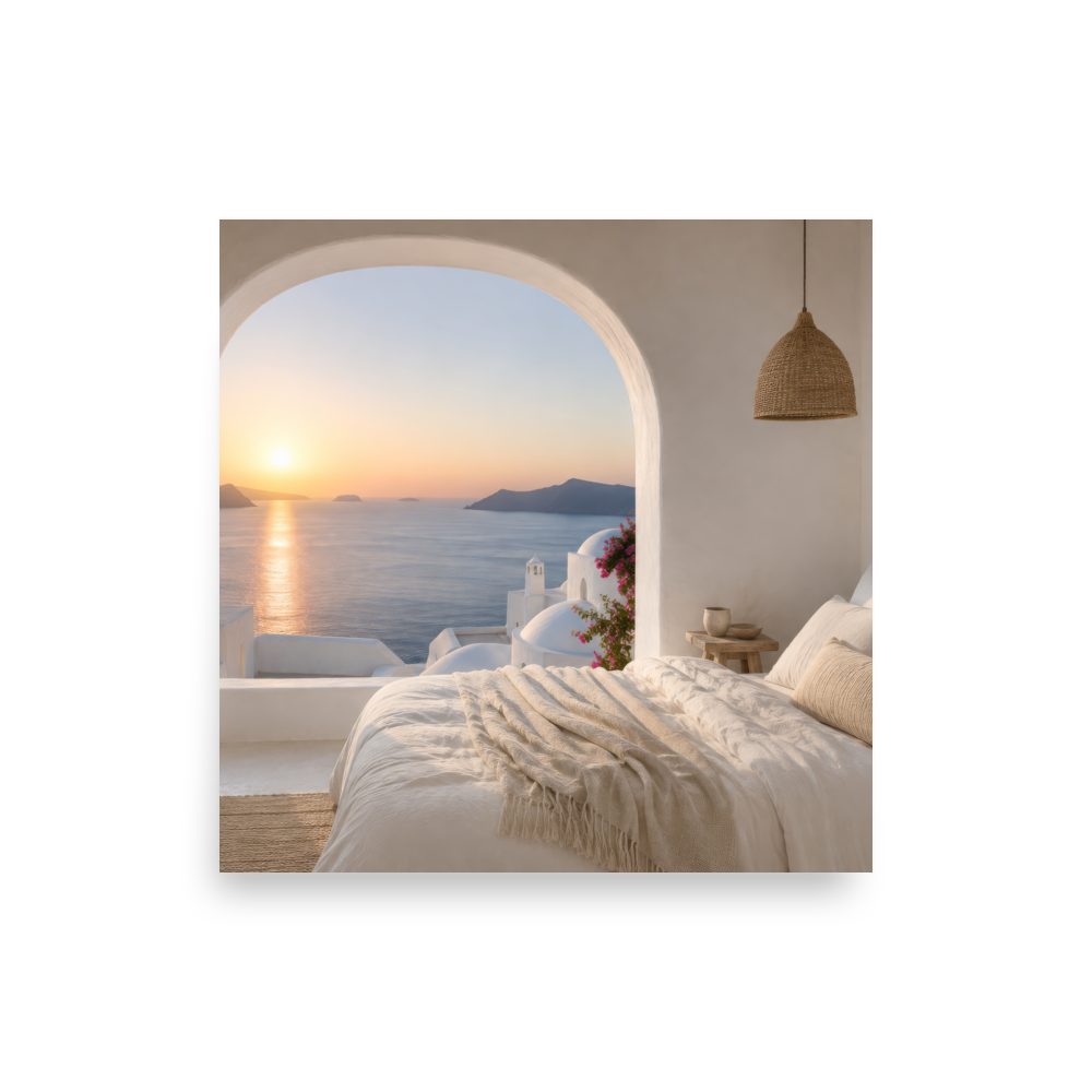 Illustrated Greek-island bedroom scene with whitewashed walls and sea-blue light — additional product photo.
