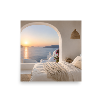 Illustrated Greek-island bedroom scene with whitewashed walls and sea-blue light — additional product photo.