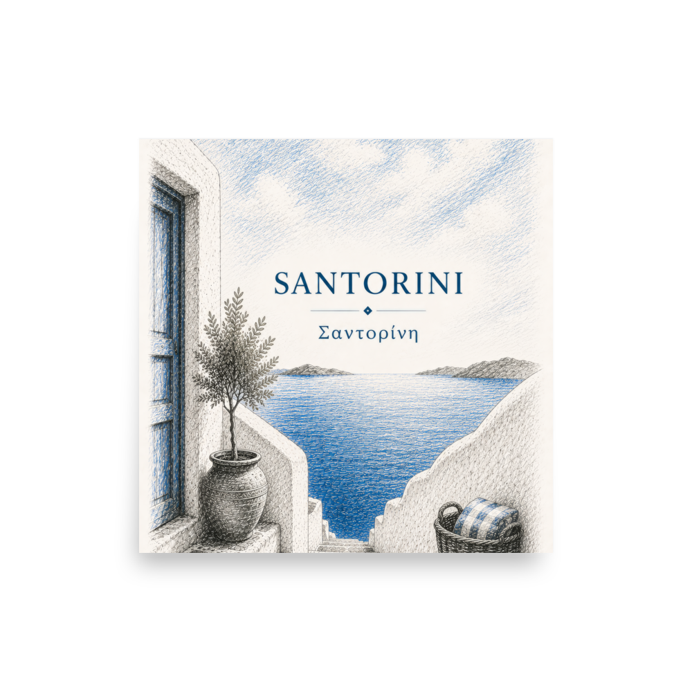 Hand-drawn sketch-style poster of Santorini's cliffside, whitewashed architecture — additional product photo.