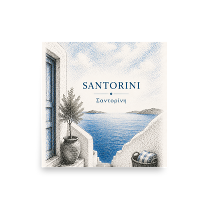 Hand-drawn sketch-style poster of Santorini's cliffside, whitewashed architecture — additional product photo.