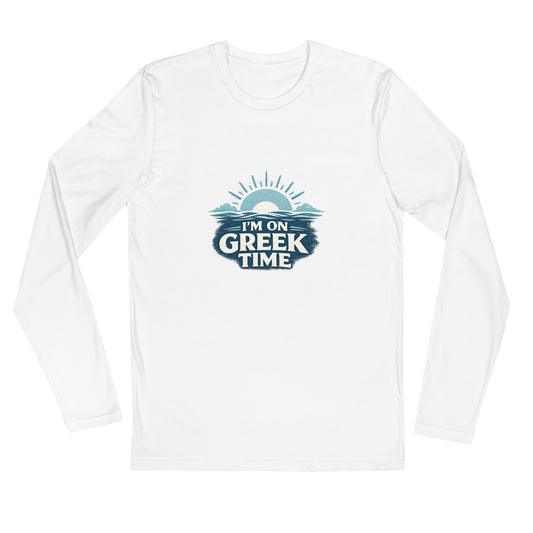 Long sleeve shirt featuring the I'm on Greek Time design, S size.