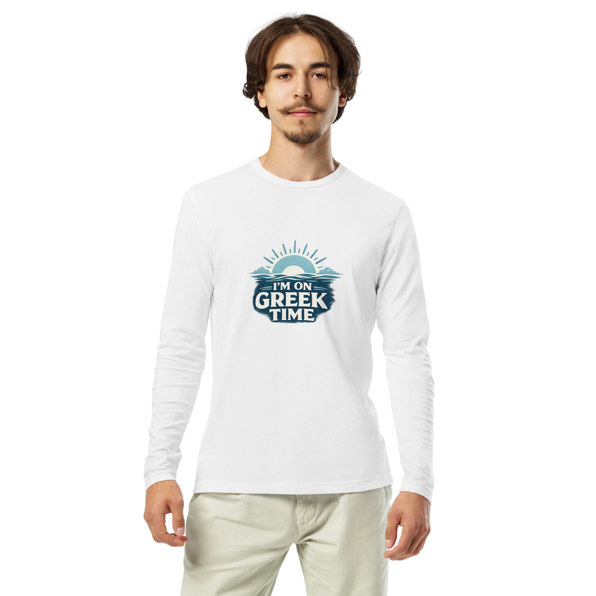 Long sleeve shirt featuring the I'm on Greek Time design, M size.