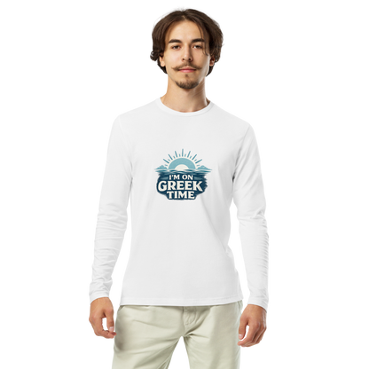 Long sleeve shirt featuring the I'm on Greek Time design, M size.