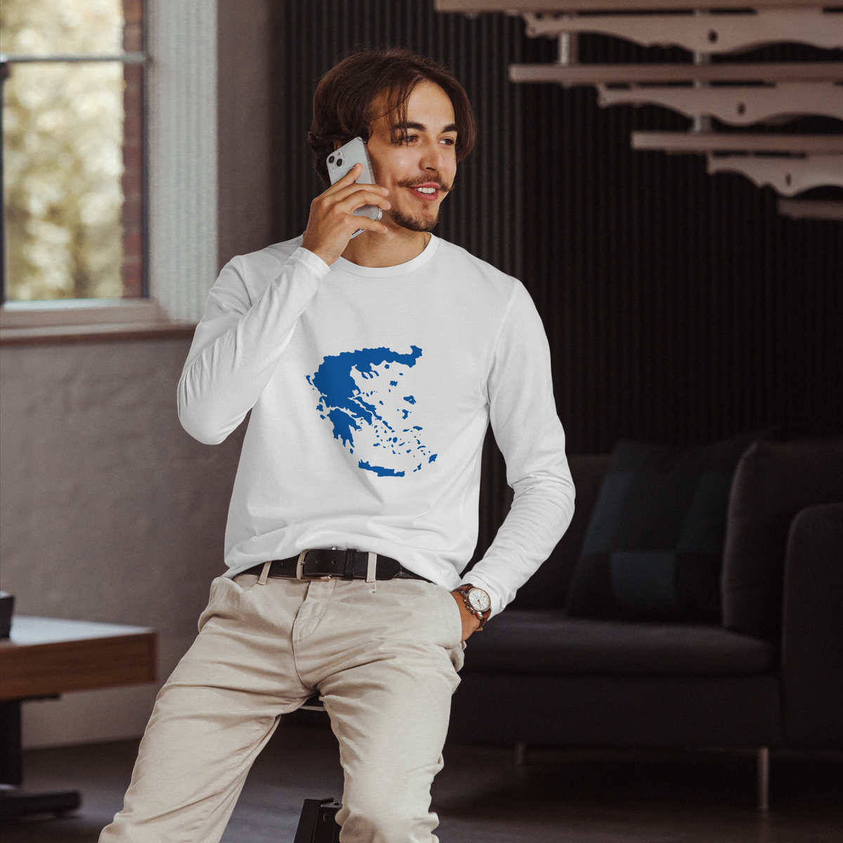 Unisex T-shirt featuring a blue and white map of Greece, XS size.