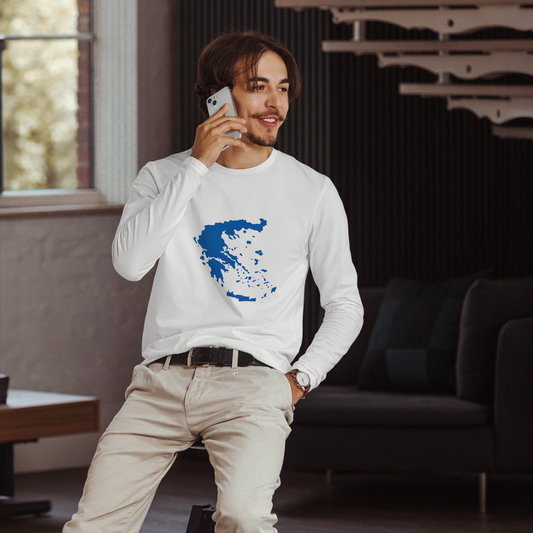 Unisex T-shirt featuring a blue and white map of Greece, XS size.