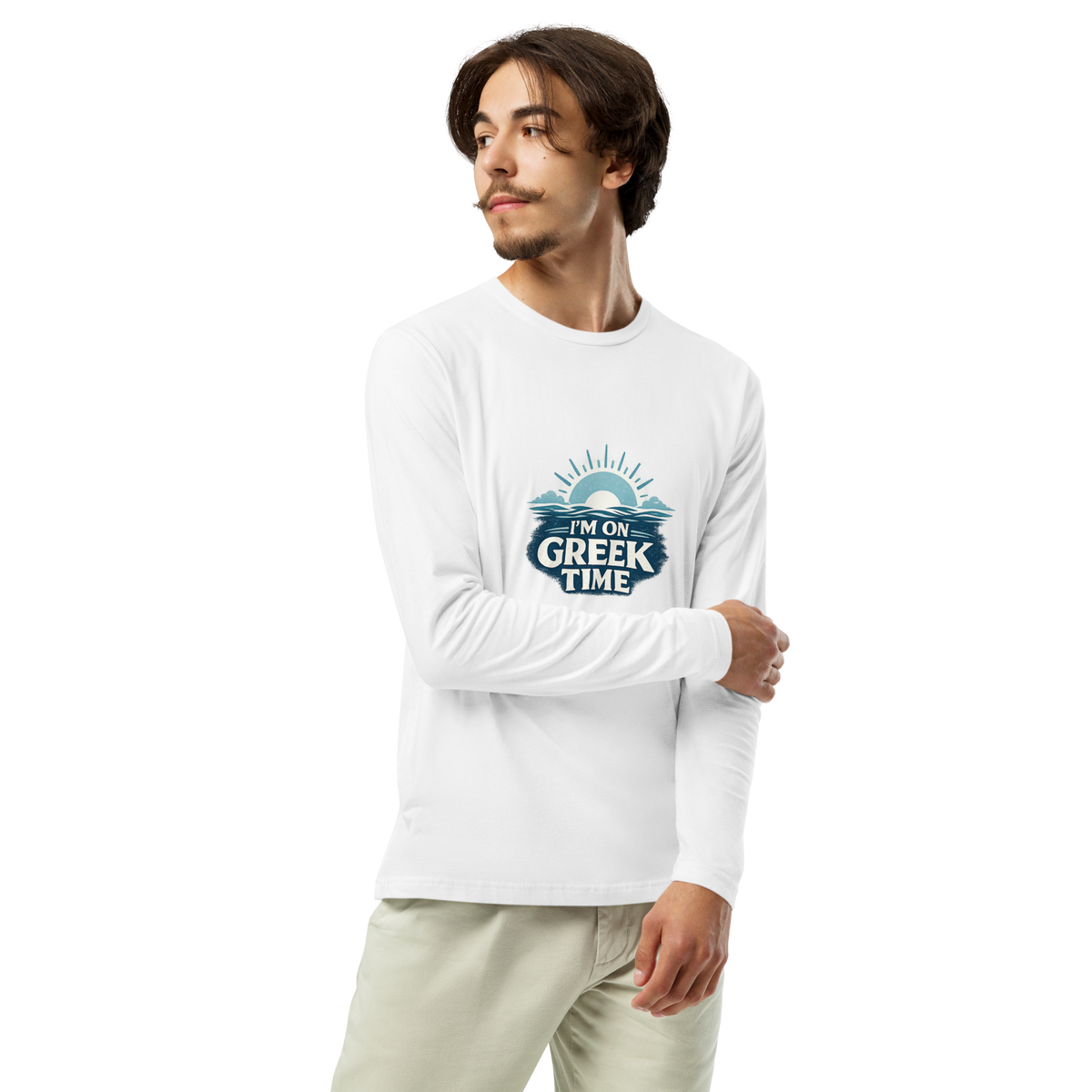 Long sleeve shirt featuring the I'm on Greek Time design, L size.