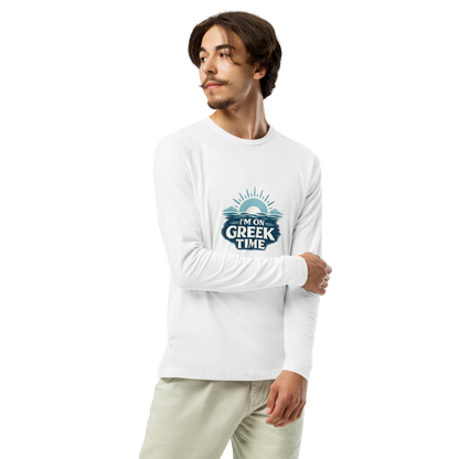Long sleeve shirt featuring the I'm on Greek Time design, L size.