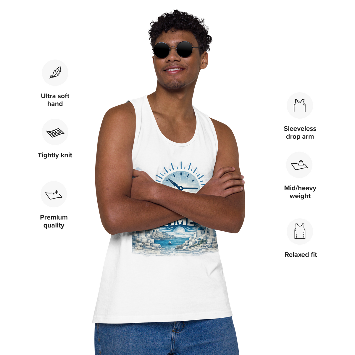 Unisex tank top featuring the I'm on Greek Time clock design, M size.