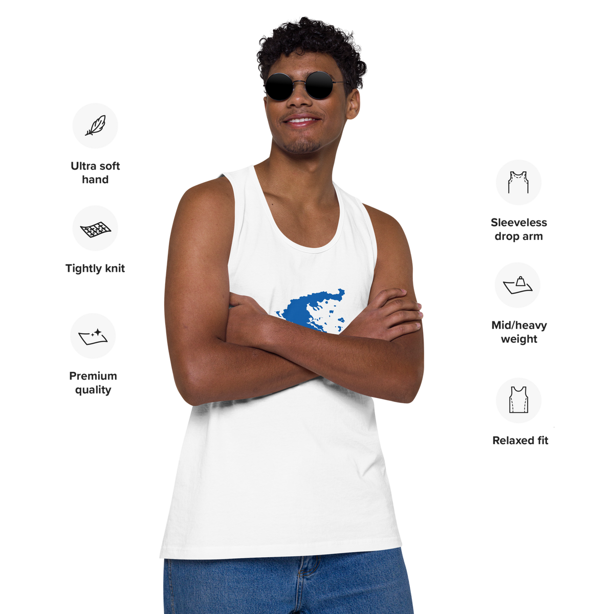 Men's premium tank top featuring a blue and white map of Greece, XL size.