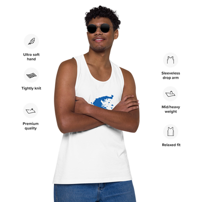 Men's premium tank top featuring a blue and white map of Greece, XL size.