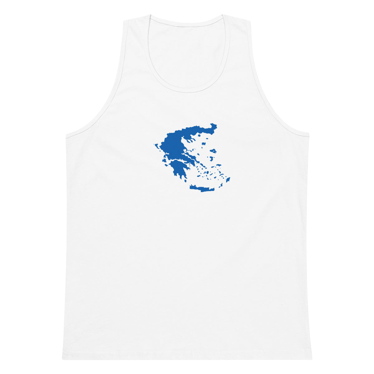 Men's premium tank top featuring a blue and white map of Greece, L size.