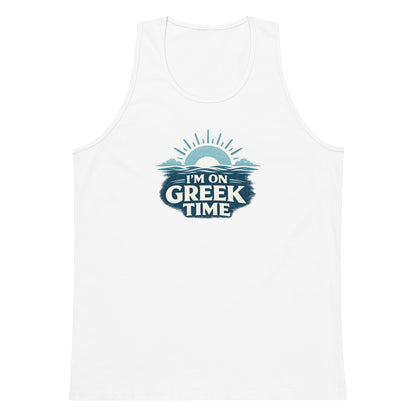 Men's premium tank top featuring the I'm on Greek Time design, S size.