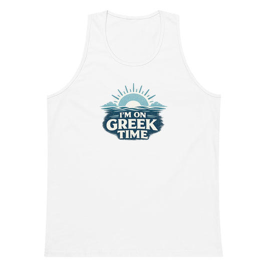 Men's premium tank top featuring the I'm on Greek Time design, S size.