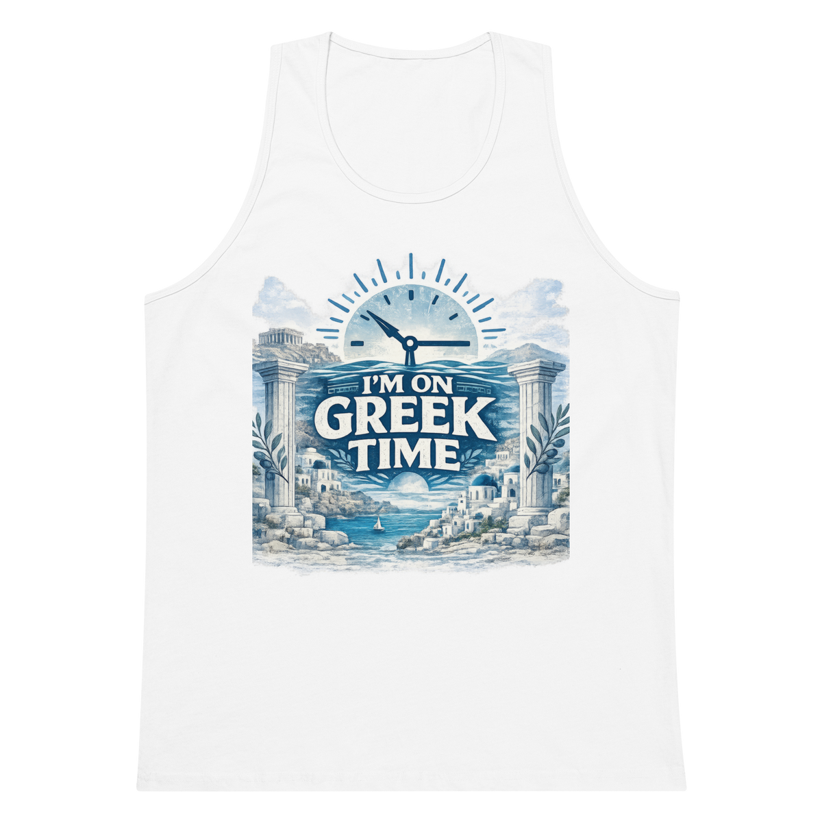 Unisex tank top featuring the I'm on Greek Time clock design, L size.