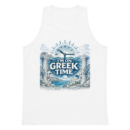 Unisex tank top featuring the I'm on Greek Time clock design, L size.