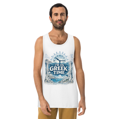 Unisex tank top featuring the I'm on Greek Time clock design, XL size.
