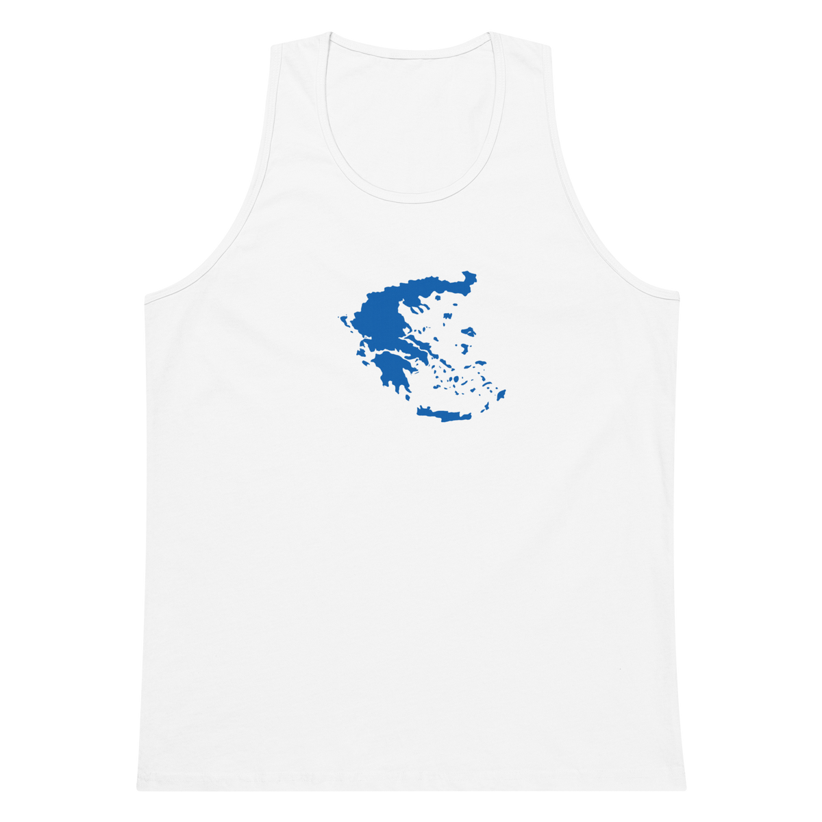 Men's premium tank top featuring a blue and white map of Greece, M size.