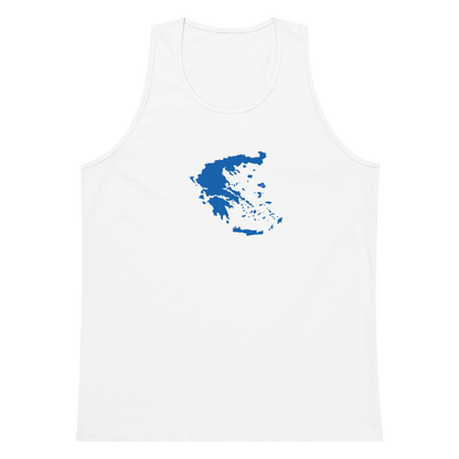 Men's premium tank top featuring a blue and white map of Greece, M size.