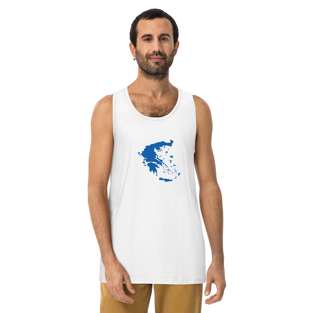 Men's premium tank top featuring a blue and white map of Greece, S size.